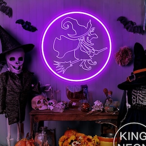 Witch On Broom Neon Sign, USB 3D Engraved Custom Halloween Party LED Neon Light Spooky Witch Home Store Decor, Personalized Halloween Gift