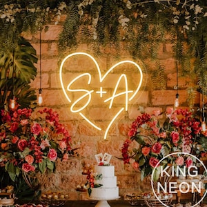 Insegna al neon a LED con iniziali personalizzate a forma di cuore, luce al neon con nome personalizzato per sfondo minimalista per feste di matrimonio, decorazione da parete per la casa, regalo per coppia