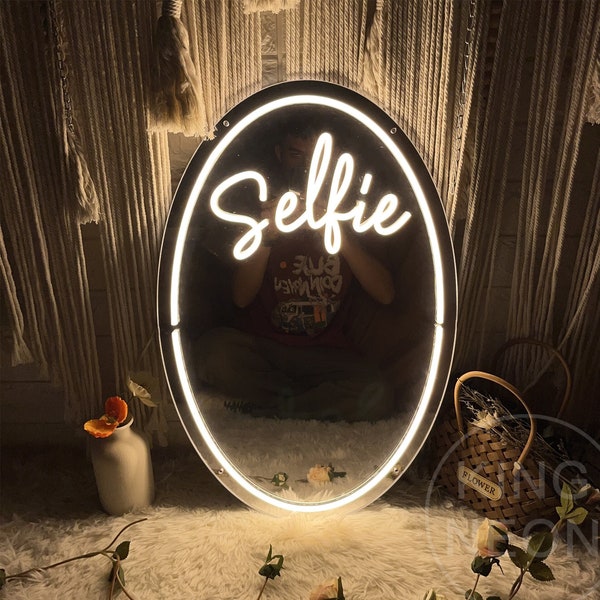 Selfie Mirror Letrero de neón Letrero de luz de neón personalizado Dormitorio Salón de pared moderno Sala de estar Espejo Letrero Arte Selfie Letrero Decoración Regalos únicos para ella