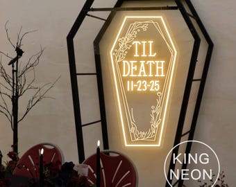 Custom Til Death Coffin Neon Sign, Gothic Wedding Party LED Neon Light,Wedding Backdrop Wall Decor Halloween Bachelorette Party, Gothic Gift