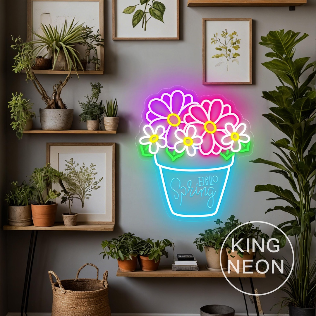 Hello Spring Neon Sign, Custom Flower Pot LED Neon Light, Spring Easter ...