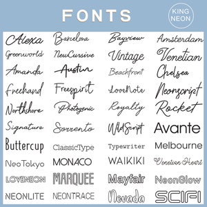 May include: A chart of different font styles, including Alexa, Barcelona, Bayview, Amsterdam, Greenworld, NewCursive, Vintage, Venetian, Amanda, Austin, Beachfront, Chelsea, freehand, Freespirit, LoveNote, Neongcript, Northshore, Photogenic, Royalty, Rocket, Signature, Sorrento, Wild Script, Avante, Buttercup, ClassicType, Typewriter, Melbourne, Neo Tokyo, MONACO, WAIKIKI, Venetian Heart, LOVEINEON, MARQUEE, Mayfair, NeonGlow, NEONLITE, NEONTRACE, Nevada, and SCIFI.