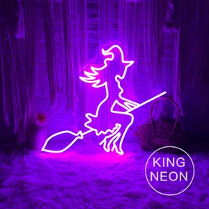 Witch On Broom Neon Sign, Custom Halloween Party LED Neon Light Spooky Witch Home Bar Store Decor Personalized Halloween Gift