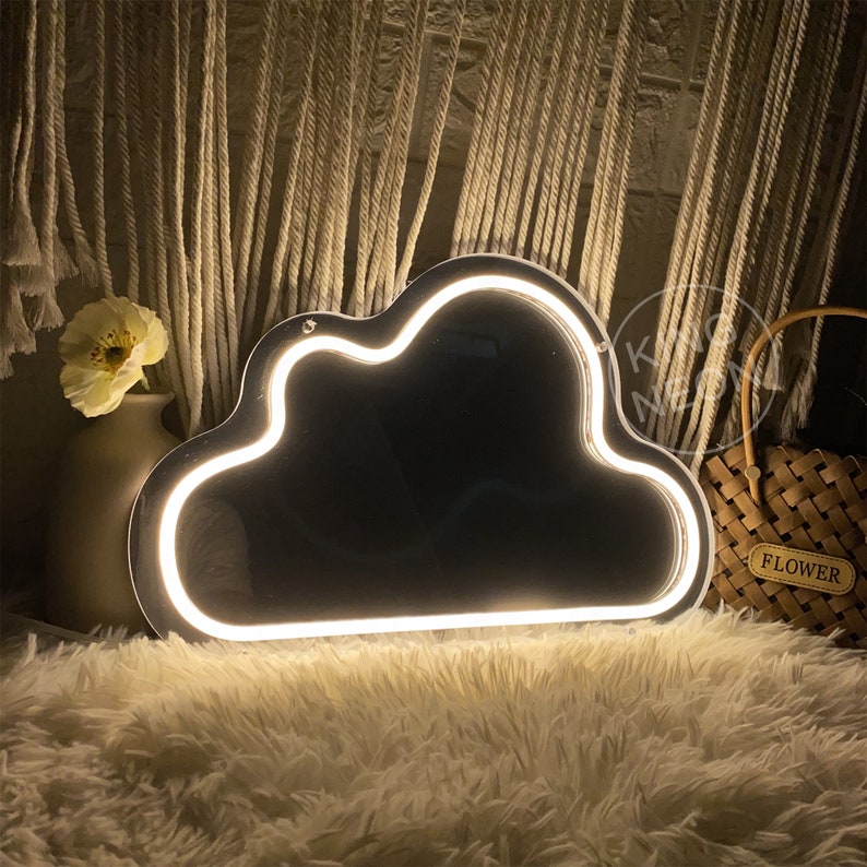 Enseigne néon miroir nuage, décoration murale nuage miroir, veilleuse nuage pour chambre d'enfant, enseigne artistique murale miroir pour dortoir, décoration néon pour baby shower image 2