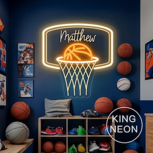 Custom Basketball Hoop Name Neon Sign For Kids, Boy&#39;s Bedroom Nursery Home Wall Decor, Personalized Gift for Kids, Basketball Player Gifts