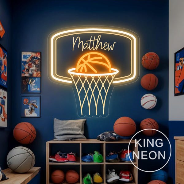 Insegna al neon personalizzata con nome e canestro da basket per bambini, decorazione per la cameretta dei ragazzi, regalo personalizzato per bambini, regalo per giocatori di basket