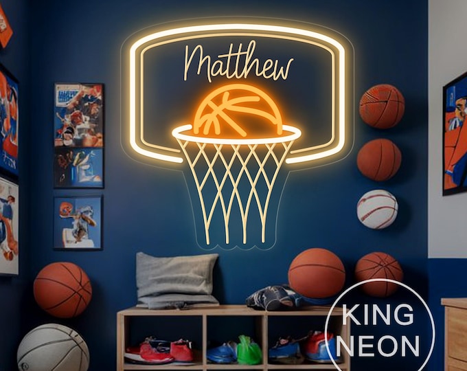 Custom Basketball Hoop Name Neon Sign For Kids, Boy's Bedroom Nursery Home Wall Decor, Personalized Gift for Kids, Basketball Player Gifts