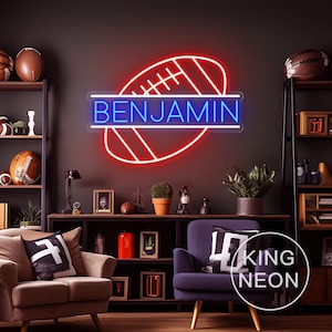 Insegna al neon personalizzata con nome da football, decorazione da parete per la camera da letto dei bambini del rugby, decorazione per feste di compleanno sportive, regalo personalizzato per bambini, regalo di rugby