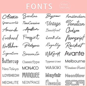 K&ouml;nnte beinhalten: Ein rosa Hintergrund mit dem Wort "FONTS" in schwarzem Text. Ein Raster mit 4 Spalten und 10 Zeilen zeigt eine Vielzahl von Schriftstilen in schwarzem Text. Der Text "KING NEON" befindet sich in einem wei&szlig;en Kreis mit schwarzem Umriss.