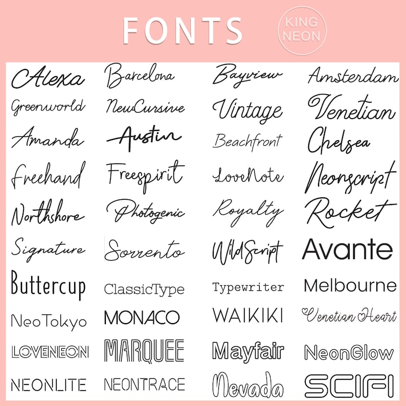 K&ouml;nnte beinhalten: Ein rosa Hintergrund mit dem Wort "FONTS" in schwarzem Text. Ein Raster mit 4 Spalten und 10 Zeilen zeigt eine Vielzahl von Schriftstilen in schwarzem Text. Der Text "KING NEON" befindet sich in einem wei&szlig;en Kreis mit schwarzem Umriss.