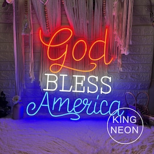 Letreiro de LED neon God Bless America, luz neon personalizada para o 4 de julho, decoração de parede para festa do Feliz Dia da Independência, letreiro de celebração patriótica