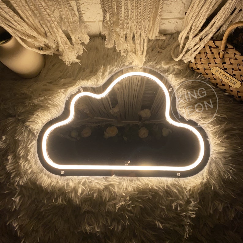 Enseigne néon miroir nuage, décoration murale nuage miroir, veilleuse nuage pour chambre d'enfant, enseigne artistique murale miroir pour dortoir, décoration néon pour baby shower image 5