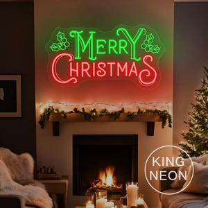 May include: A neon sign displaying "Merry Christmas" in green and red, above a fireplace with a lit fire and candles. The sign features holly leaf accents, creating a festive atmosphere.