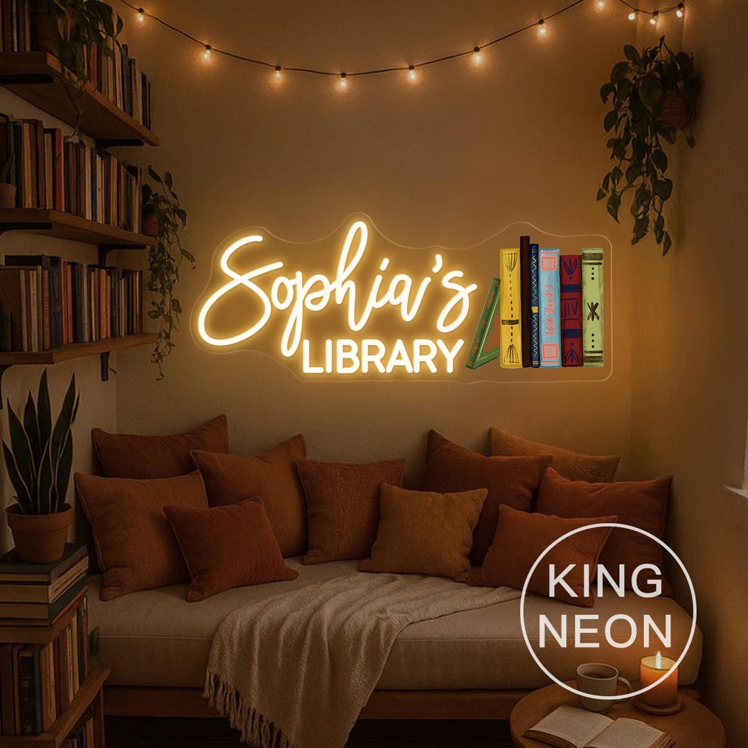 Custom Library Neon Sign, Personalized Home Library Name Neon Light ...
