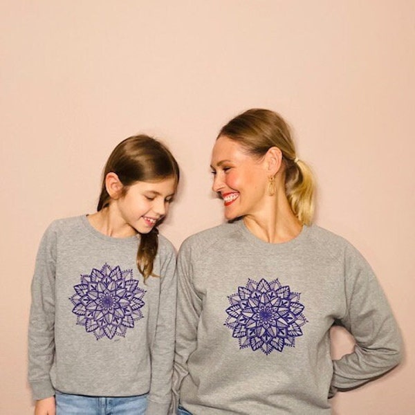 Kinder- und Erwachsenen Sweat-Shirt Paket "Mandala Lila" Grau - Mini Me - Partnerlook - Kids - Pullover -  Vegan - Bio Baumwolle -