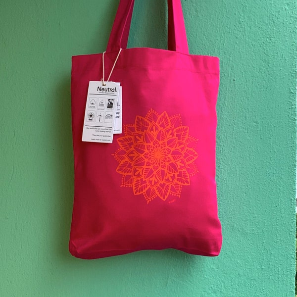 Stofftasche Mandala "Let it flow" Pink mit Orange , 100 % Bio-Baumwolle, Fairtrade, Schultertasche, Tragetasche, Stoffbeutel, Tasche