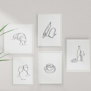 Set of 5 Line Drawing Printable Kitchen Decor ,Kitchen Wall Art, Dining Room Print, Housewarming Gift, Kitchen Decor, Kitchen Art, Frames