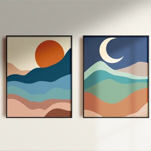 2er Set Boho Pastell Sonne und Mond Kunstdruck Wanddekor, abstrakte minimalistische Mid Century sofort druckbare Wandkunst