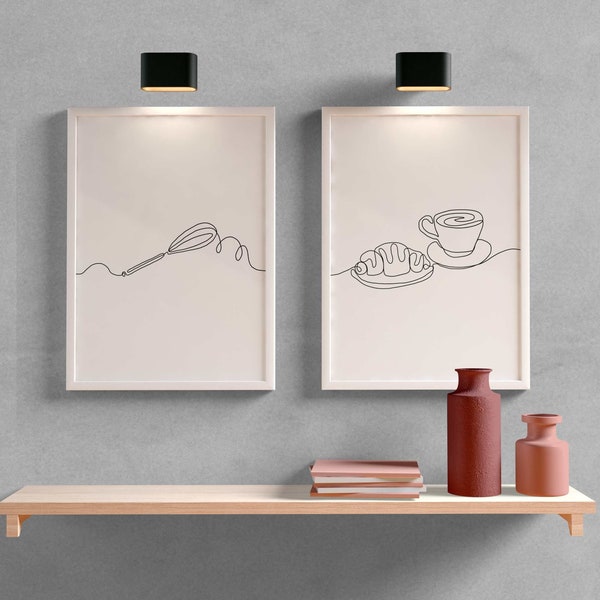 Kitchen Print Set of 2, Minimal Kitchen Art, Kitchen Wall Art, Line Art Print, Large Printable Art, Digital DOWNLOAD Prints Jpgs, Coffee