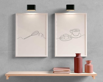 Kitchen Print Set of 2, Minimal Kitchen Art, Kitchen Wall Art, Line Art Print, Large Printable Art, Digital DOWNLOAD Prints Jpgs, Coffee