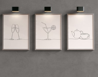 Kitchen Wall Print Set of 3, Line Drawing Poster, Kitchen Wall Art, Line Art Print, Kitchen Decor, Kitchen Frames, Dining Room Poster, Print