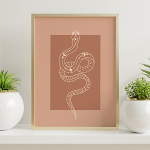 May include: A framed print of a white line drawing of a snake with celestial symbols on a terracotta background.