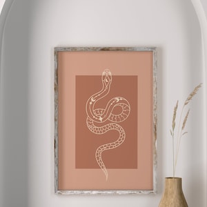 May include: A framed print with a minimalist design of a white snake with celestial symbols on a terracotta background.