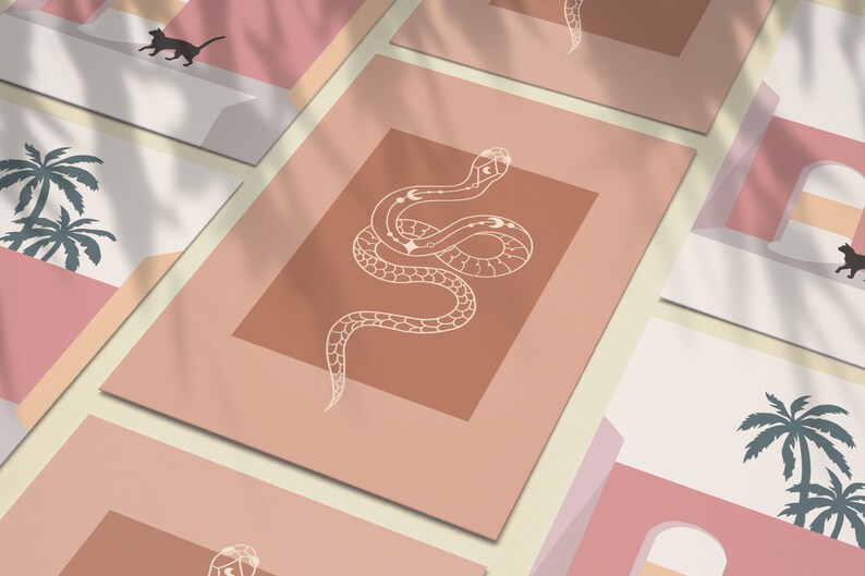 May include: A set of four printable art prints featuring a snake with celestial details, palm trees, and a cat in a pink and brown color scheme.