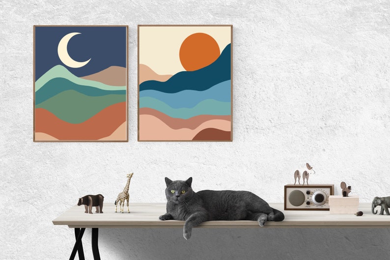 Set of 2 Boho Pastel Sun and Moon Art Print Wall Decor, Abstract ...