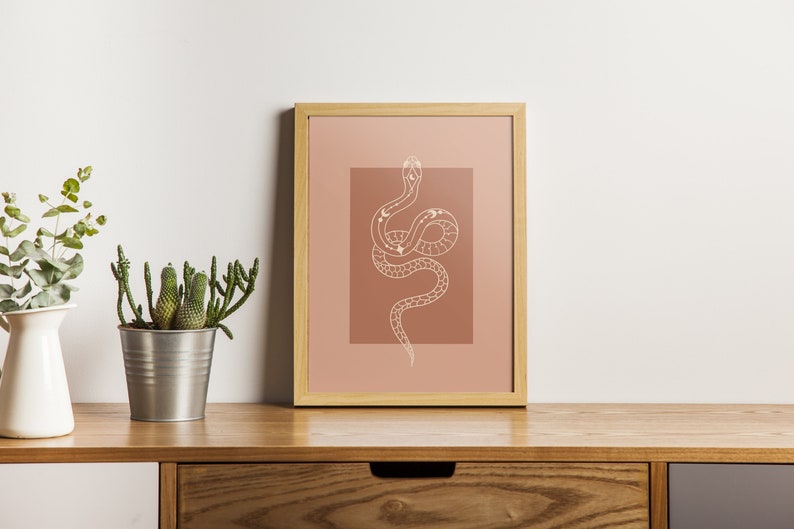May include: A framed print of a line drawing of a snake with celestial bodies on its body. The snake is coiled and has its head raised. The background is a muted terracotta color.