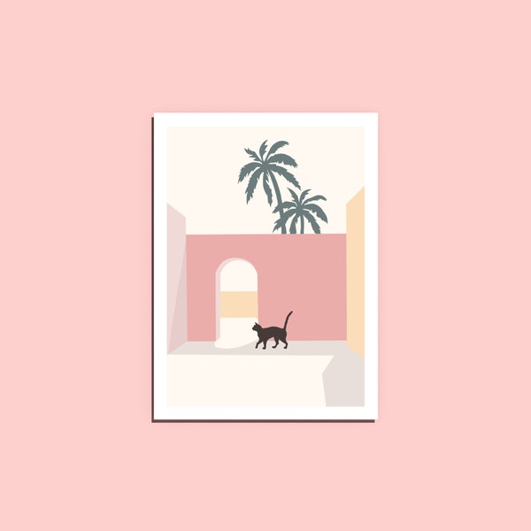 Morocco Street Cat Printable Wall Decor, Moroccan Pastel Design Art, Architecture Frame, Housewarming Poster Gifts, Black Cat Wall Hanging