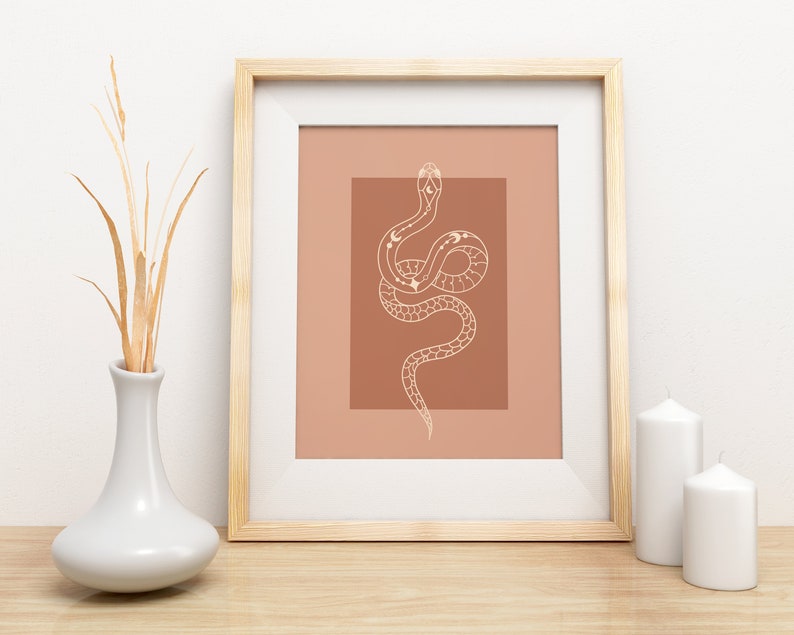 May include: A framed print with a minimalist line drawing of a snake with celestial details on a terracotta background.
