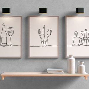 Set von 3 Linie Zeichnung druckbare Küchendekoration, Wandkunst Küche, Esszimmer Druck, Einweihungsgeschenk, Küchendekoration, Küchenkunst, Rahmen