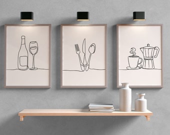 Set of 3 Line Drawing Printable Kitchen Decor ,Kitchen Wall Art, Dining Room Print, Housewarming Gift, Kitchen Decor, Kitchen Art, Frames