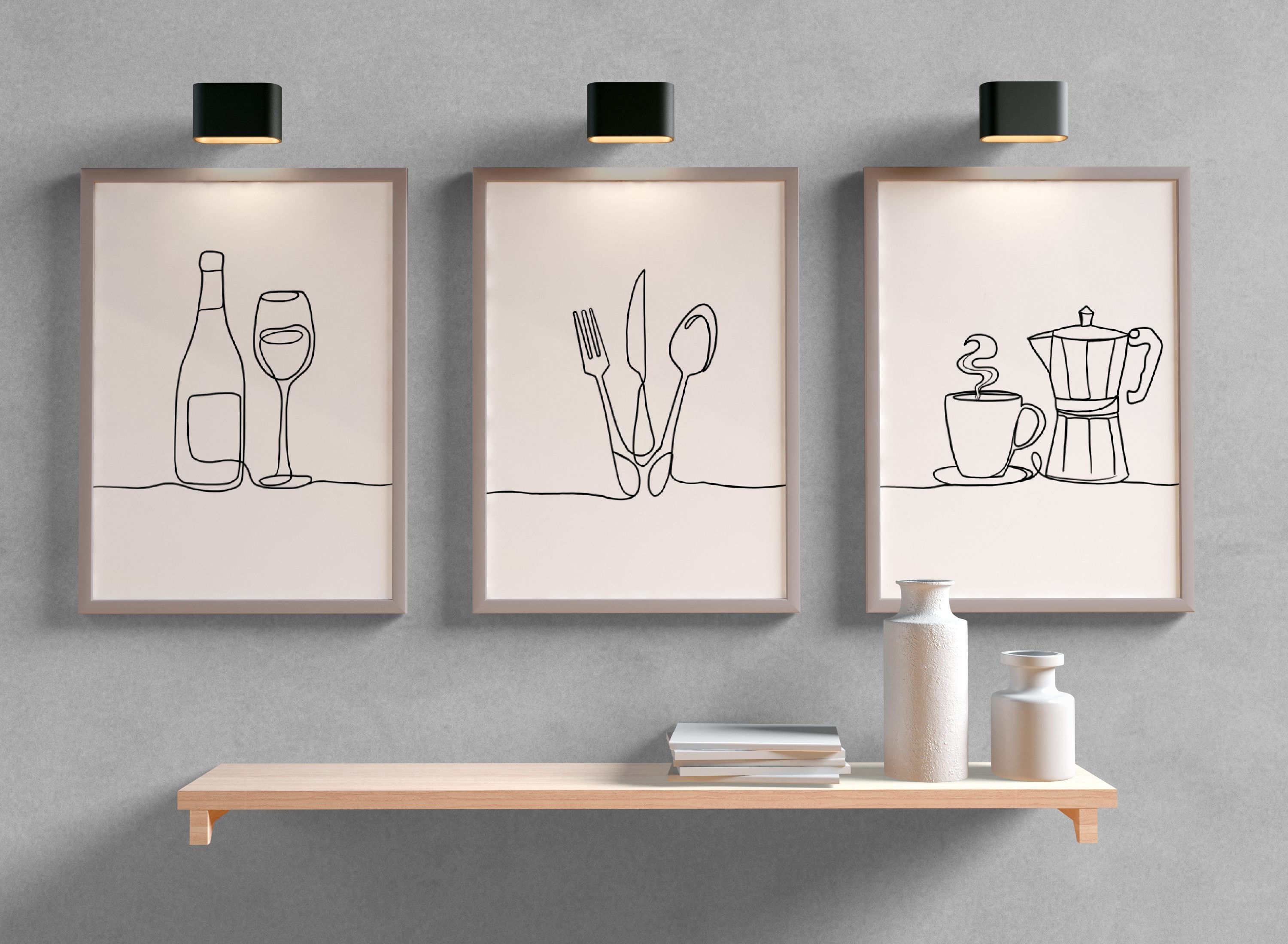 Set of 3 Line Drawing Printable Kitchen Decor ,Kitchen Wall Art, Dining Room Print, Housewarming Gift, Kitchen Decor, Kitchen Art, Frames