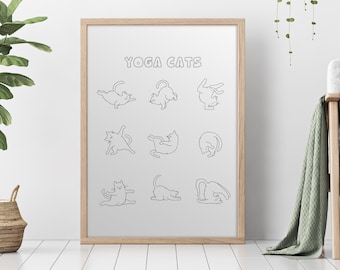 Cute minimal line art yoga cat stretch pose printable fun bathroom poster, Funny cat yoga studio decor