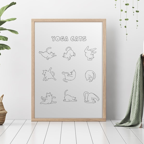 Cute minimal line art yoga cat stretch pose printable fun bathroom poster, Funny cat yoga studio decor