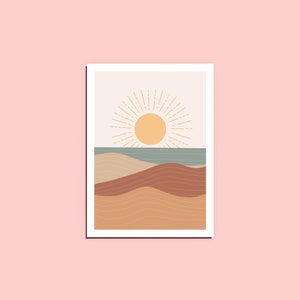 Decoración de pared imprimible de paisaje de playa, arte de diseño de puesta de sol, marco de paisaje de mediados de siglo, regalos de póster de inauguración de la casa, colgante de pared, formas suaves