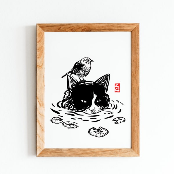 cute bird and cat in water linocut art print, printable ink technique linoleum poster for dining room