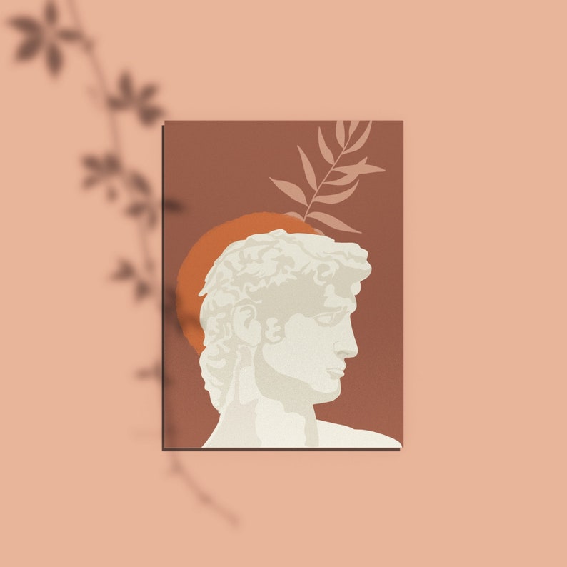 Pu&ograve; includere: Un'illustrazione digitale di un busto in gesso bianco di una testa d'uomo su uno sfondo marrone con un design a foglia verde stilizzato.
