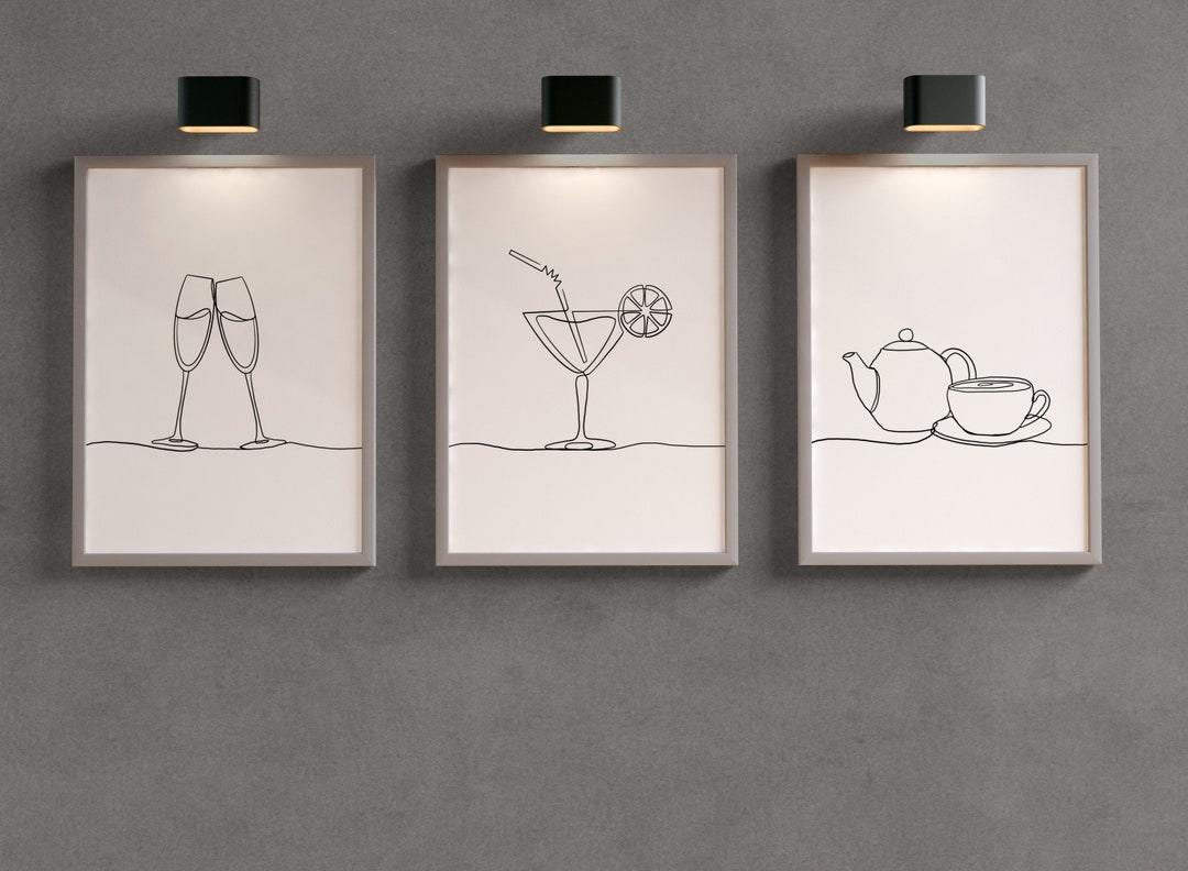 abstract kitchen art prints: modern line drawing set... Kitchen Wall Print Set of 3, Line Drawing Poster, Kitchen Wall Art ...