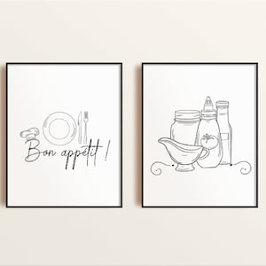 Set von 2 Linie Zeichnung druckbare Küchendekoration, Küche Wandkunst, Esszimmer Druck, Bon Appetit Poster, Küchendekoration, Küchenkunst, Sauce