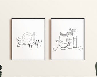 Set of 2 Line Drawing Printable Kitchen Decor ,Kitchen Wall Art, Dining Room Print, Bon Appetit Poster, Kitchen Decor, Kitchen Art,  Sauce