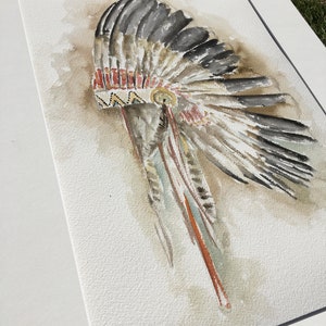 Dipinto ad acquerello di copricapo colorato indiano, arte murale nativa americana, piume, poster indiano, decorazioni native, arte di copricapi di guerra