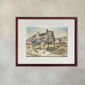 アメリカのカートの水彩画、ワイルドウェストのオリジナルウォールアート。古い西部のワゴンの水彩画