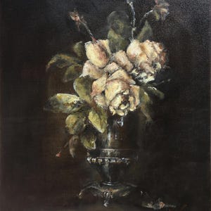 ヴィンテージフラワー油絵 オリジナルローズウォールアート 花の絵画