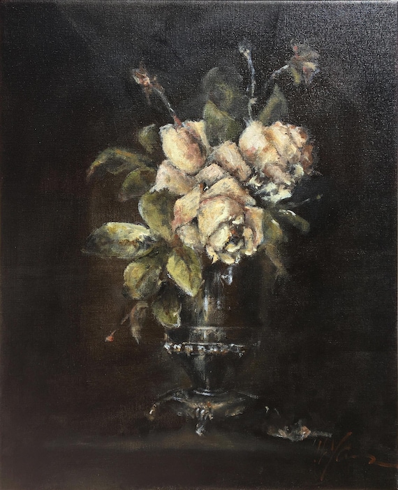 Vintage Flowers oil painting Original Roses wall art floral painting
