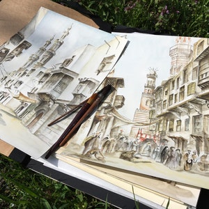 Cairo  Watercolor Painting,eastern city Original Wall Art, architecture aquarelle art