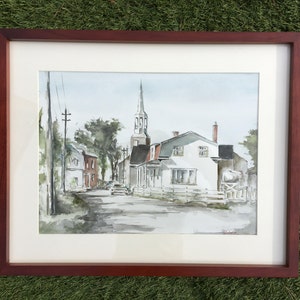 Piccola città in America Acquerello dipinto, arte murale originale, acquerello di casa