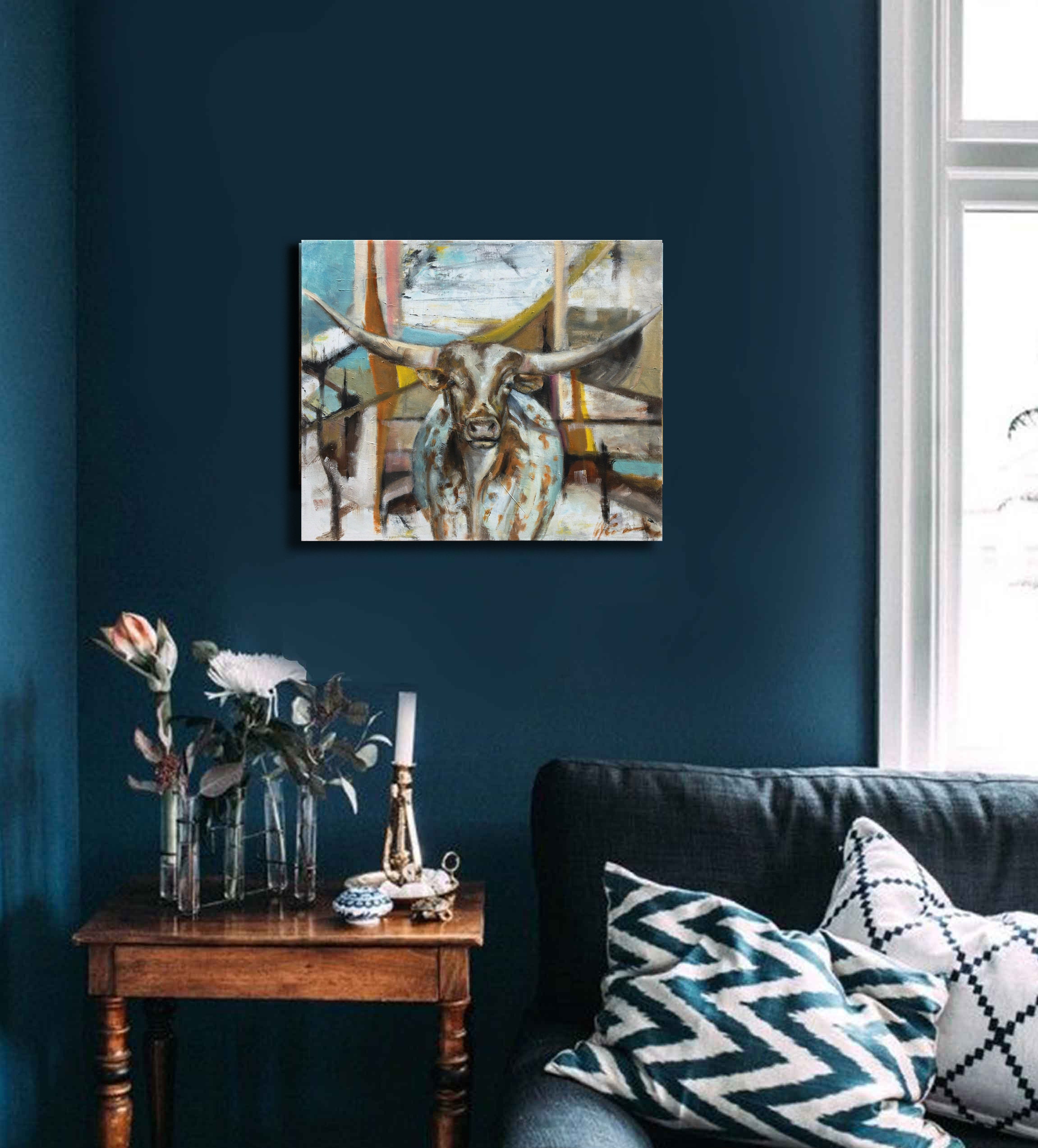Olio di mucca originale Texas Longhorn Pittura su tela, Home Decorations Art Western, 8x10 - Italia
